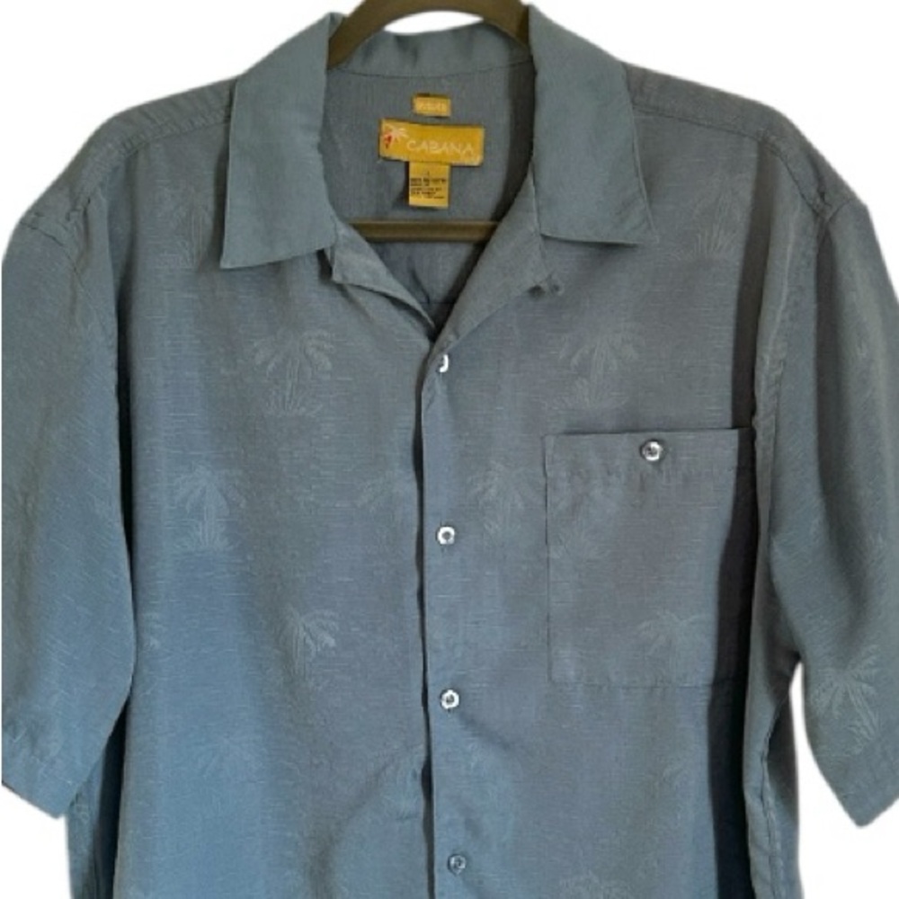 Cabana Blue Short Sleeve Camp Shirt Subtle Tropical Palm Tree Print Button L